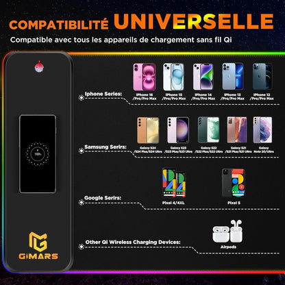 Tapis de Souris RGB XXL GIMARS – avec Chargeur Sans Fil 15W – 10 Modes d'Éclairage, Surface Imperméable et Base Antidérapante – 80×30 cm