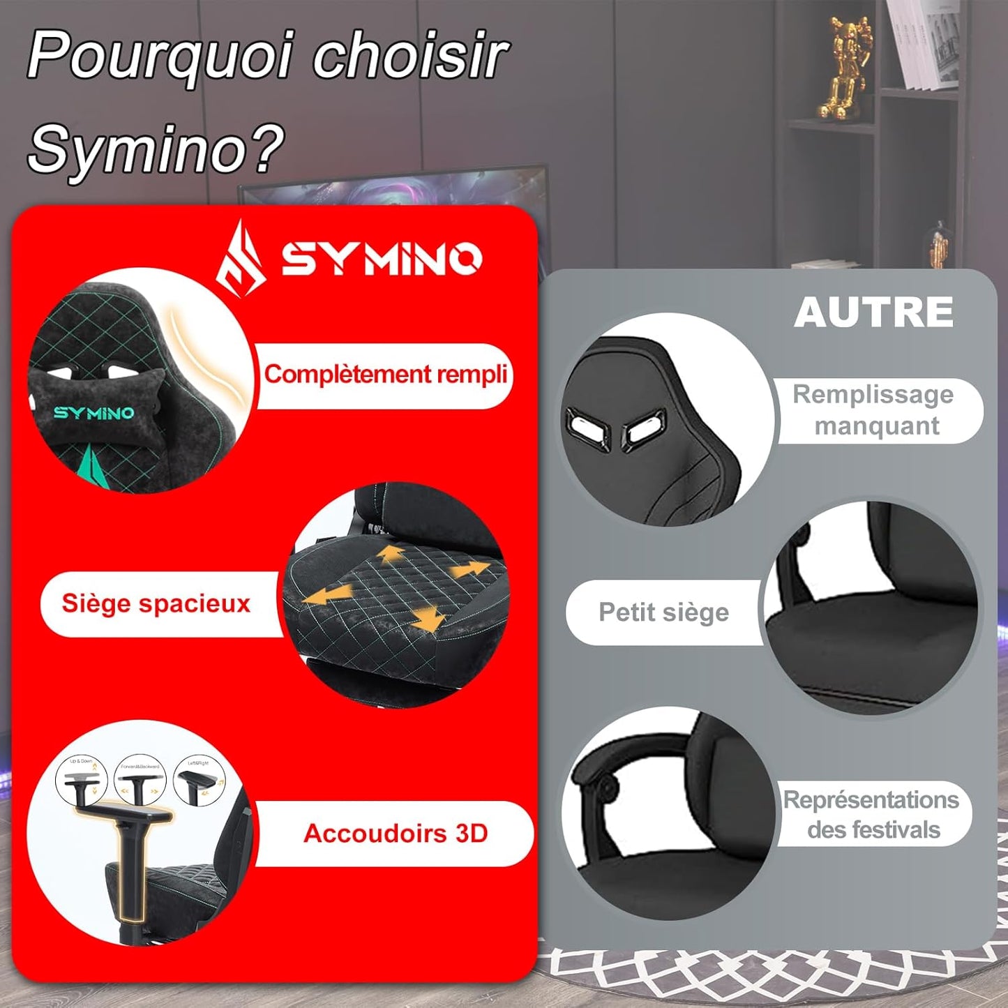 Chaise Gaming Symino – Ergonomique avec Repose-Pieds, Dossier Inclinable, Accoudoirs Ajustables, Cuir PU, Coussin Lombaire & Têtière