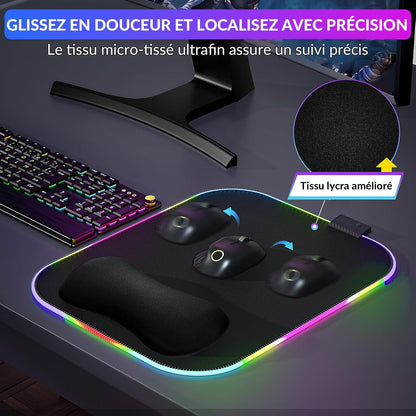 Tapis de Souris RGB XXL GIMARS – avec Chargeur Sans Fil 15W – 10 Modes d'Éclairage, Surface Imperméable et Base Antidérapante – 80×30 cm