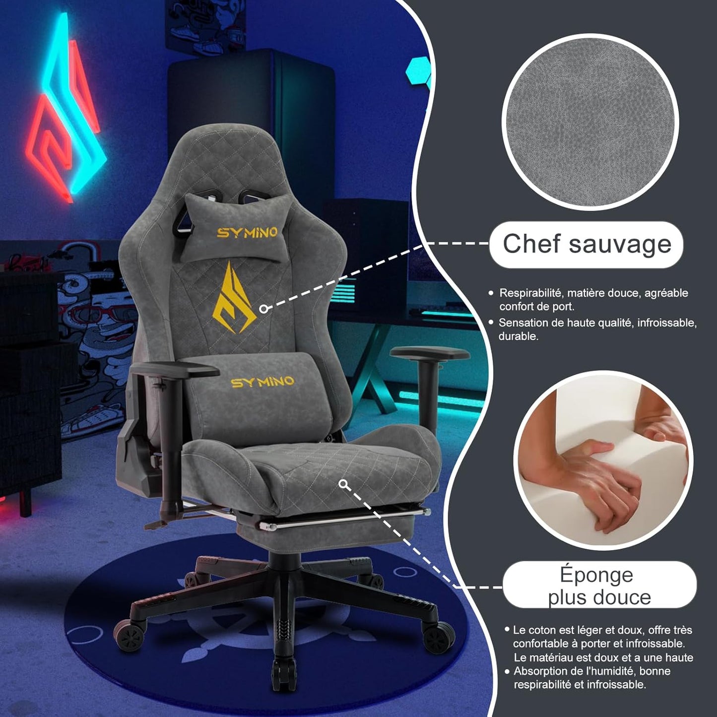 Chaise Gaming Symino – Ergonomique avec Repose-Pieds, Dossier Inclinable, Accoudoirs Ajustables, Cuir PU, Coussin Lombaire & Têtière