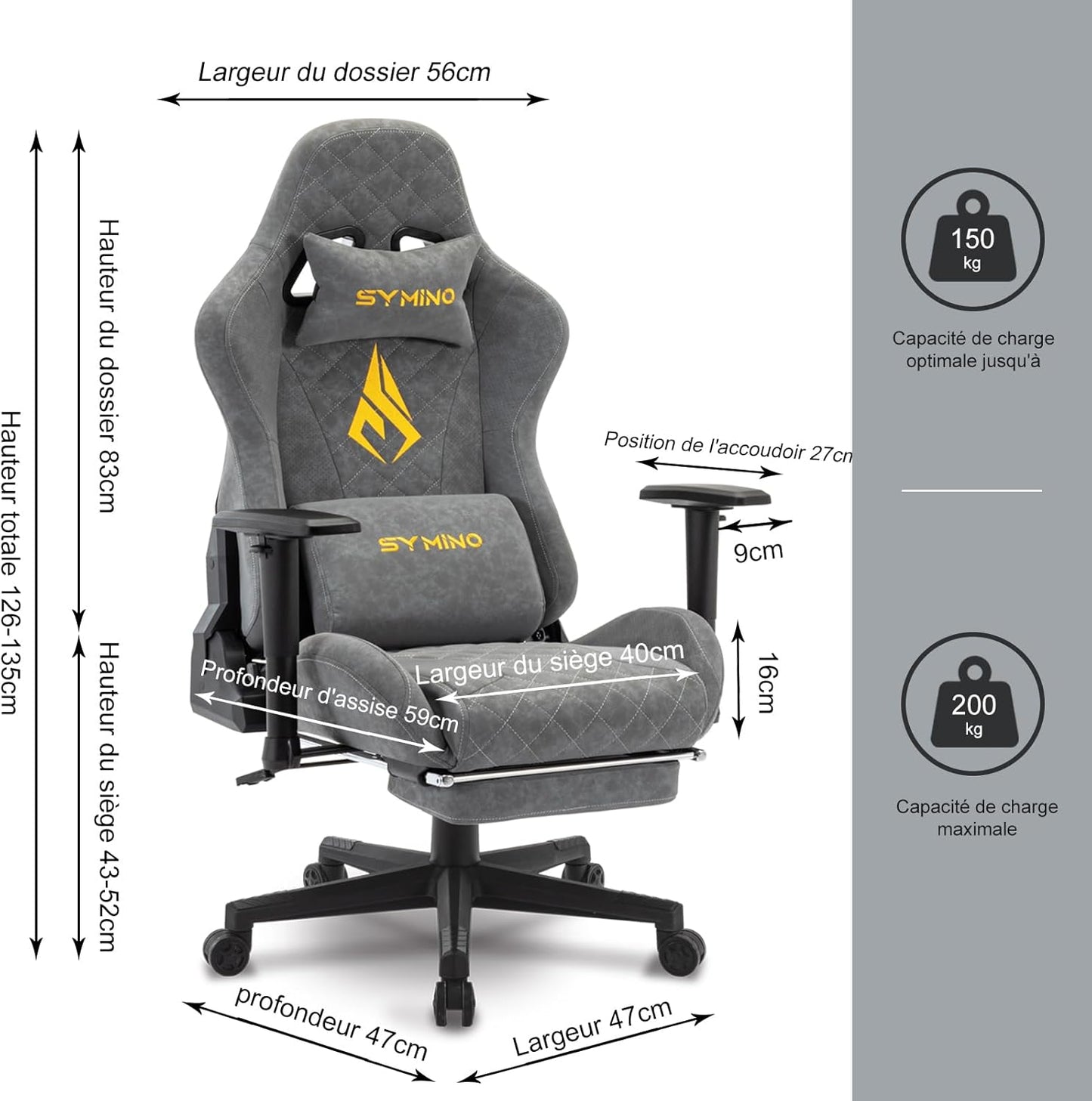 Chaise Gaming Symino – Ergonomique avec Repose-Pieds, Dossier Inclinable, Accoudoirs Ajustables, Cuir PU, Coussin Lombaire & Têtière