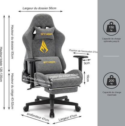 Chaise Gaming Symino – Ergonomique avec Repose-Pieds, Dossier Inclinable, Accoudoirs Ajustables, Cuir PU, Coussin Lombaire & Têtière