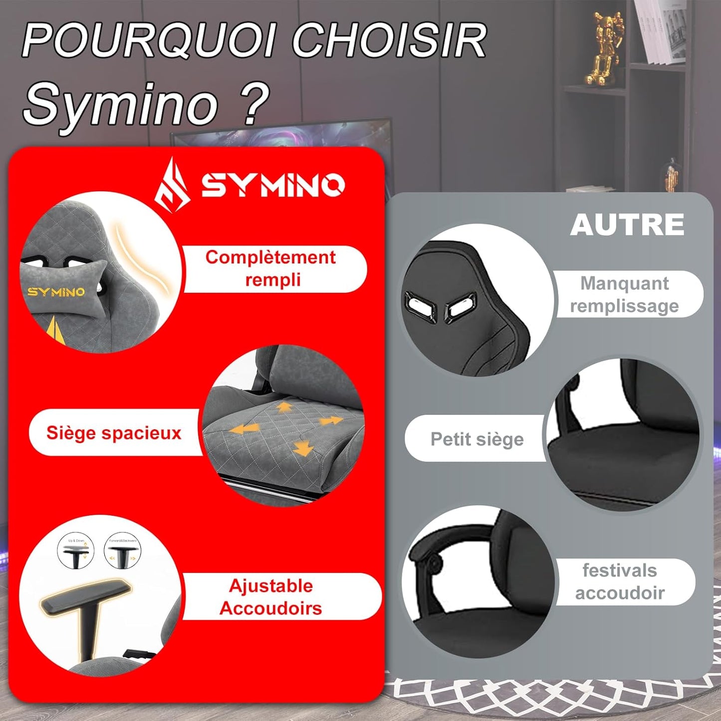 Chaise Gaming Symino – Ergonomique avec Repose-Pieds, Dossier Inclinable, Accoudoirs Ajustables, Cuir PU, Coussin Lombaire & Têtière