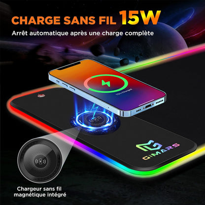 Tapis de Souris RGB XXL GIMARS – avec Chargeur Sans Fil 15W – 10 Modes d'Éclairage, Surface Imperméable et Base Antidérapante – 80×30 cm