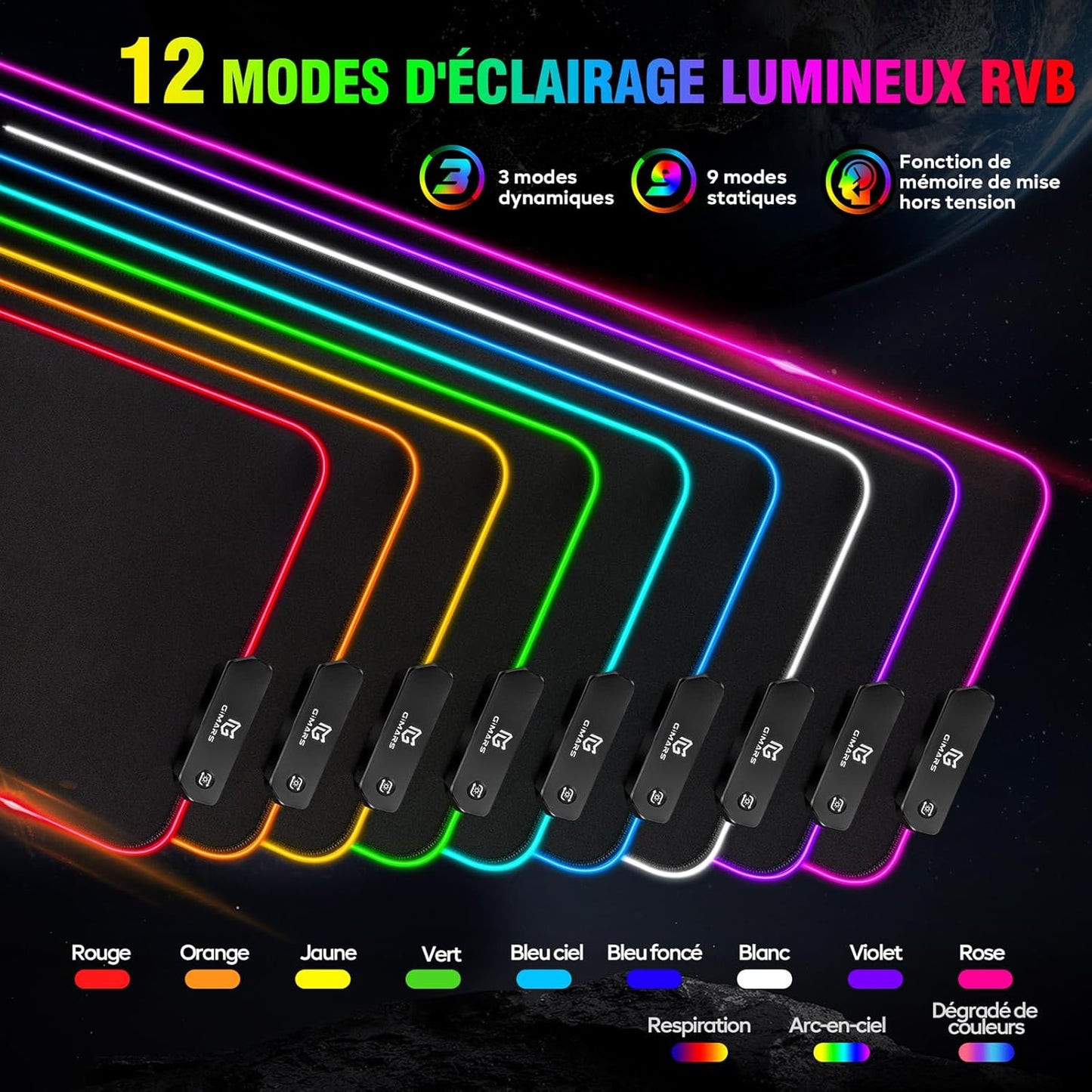 Tapis de Souris RGB XXL GIMARS – avec Chargeur Sans Fil 15W – 10 Modes d'Éclairage, Surface Imperméable et Base Antidérapante – 80×30 cm