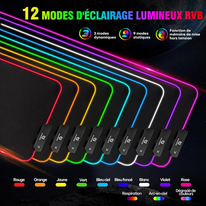 Tapis de Souris RGB XXL GIMARS – avec Chargeur Sans Fil 15W – 10 Modes d'Éclairage, Surface Imperméable et Base Antidérapante – 80×30 cm