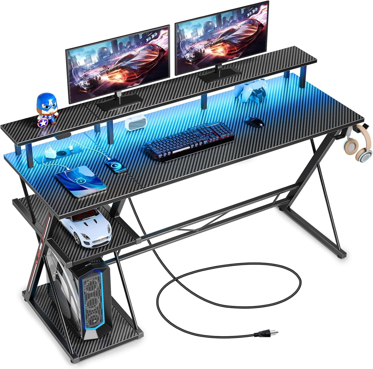 Bureau Gaming Seven Warrior – Grand Bureau 160 cm avec Éclairage LED RGB, Multiprise Intégrée, Support Casque & Gobelet – Plateau Carbone Style Moderne