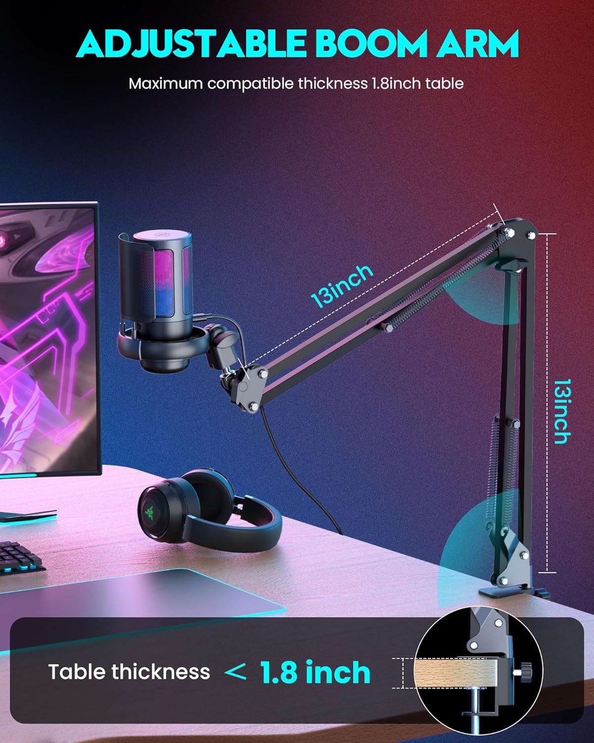 Microphone Gaming QIUOIO – USB Plug & Play avec Bras Articulé, Filtre Anti-Pop & Éclairage RGB – Idéal Streaming, Discord, YouTube, PC/PS5