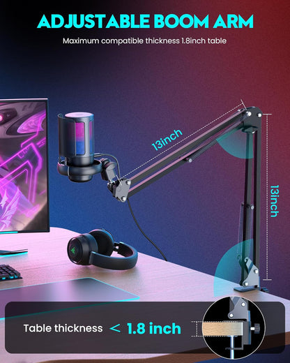 Microphone Gaming QIUOIO – USB Plug & Play avec Bras Articulé, Filtre Anti-Pop & Éclairage RGB – Idéal Streaming, Discord, YouTube, PC/PS5