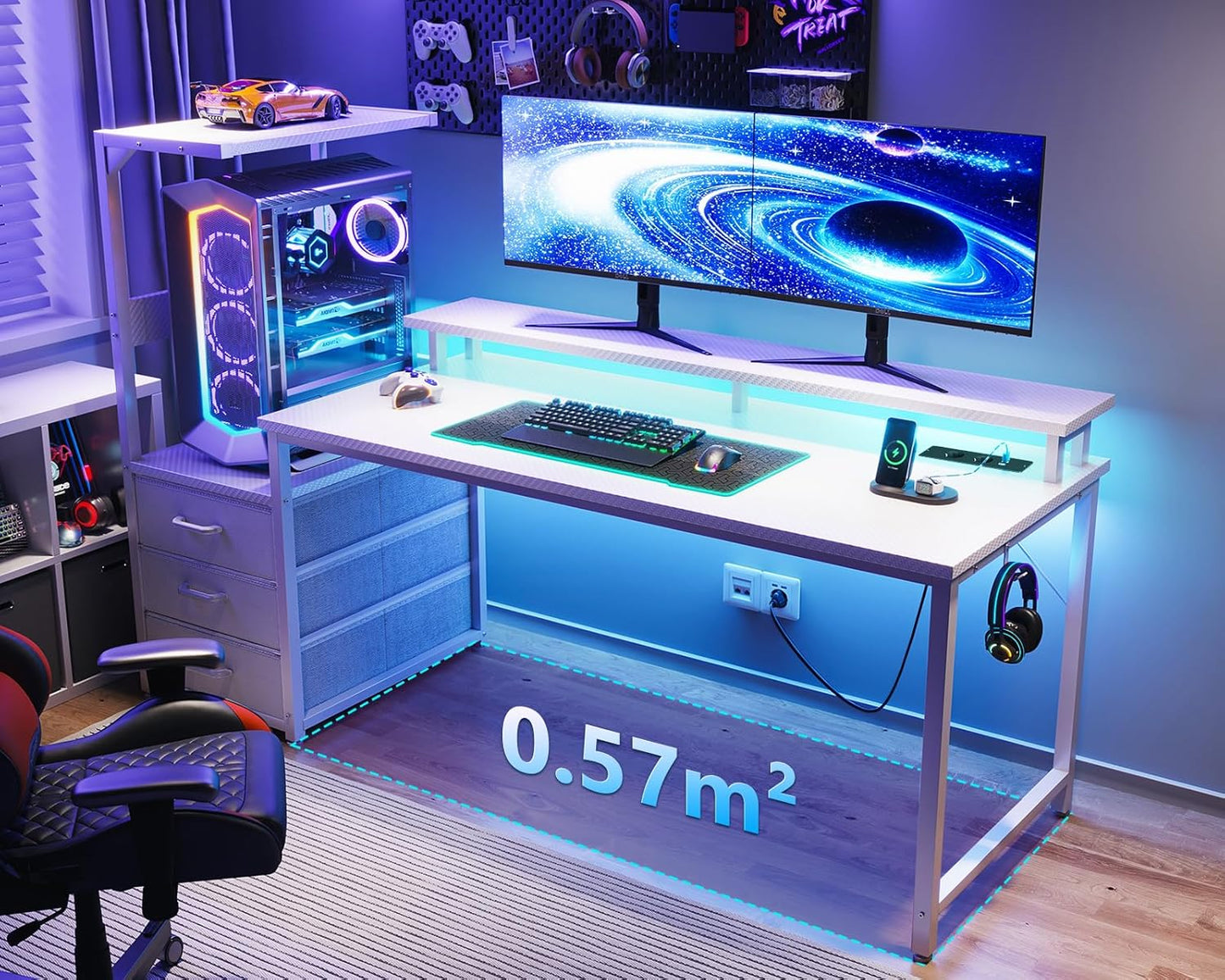 Bureau Gaming Coleshome Électrique – Éclairage LED RGB, Réversible avec Rangement et Support Écran – 140 cm – Style Moderne