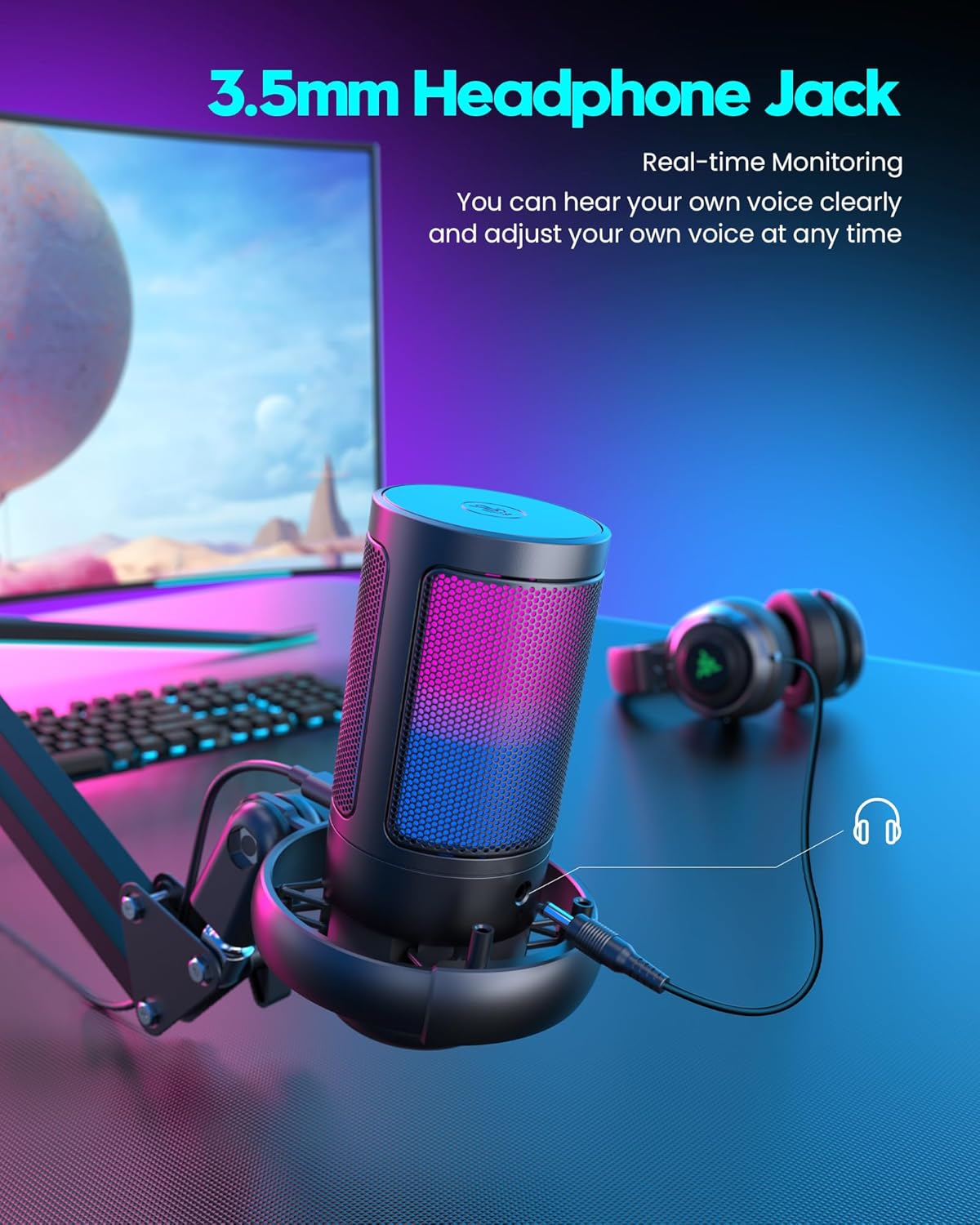 Microphone Gaming QIUOIO – USB Plug & Play avec Bras Articulé, Filtre Anti-Pop & Éclairage RGB – Idéal Streaming, Discord, YouTube, PC/PS5