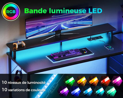 Bureau Gaming Coleshome Électrique – Éclairage LED RGB, Réversible avec Rangement et Support Écran – 140 cm – Style Moderne