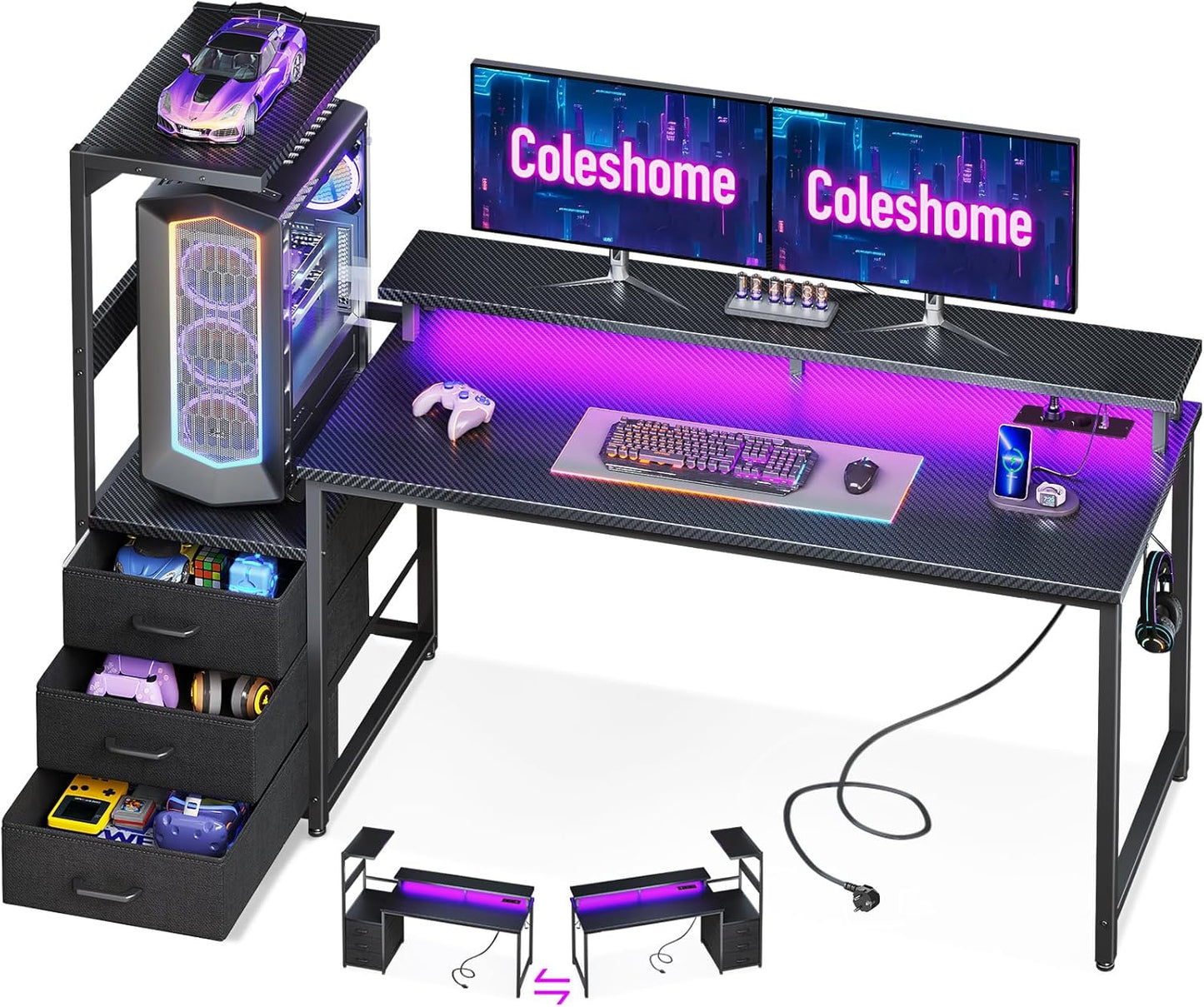 Bureau Gaming Coleshome Électrique – Éclairage LED RGB, Réversible avec Rangement et Support Écran – 140 cm – Style Moderne