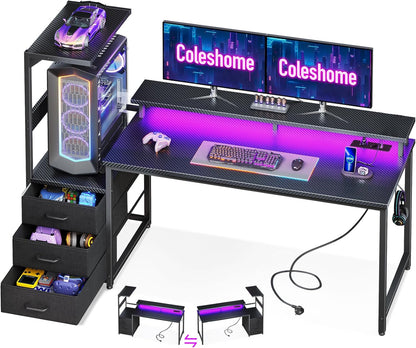 Bureau Gaming Coleshome Électrique – Éclairage LED RGB, Réversible avec Rangement et Support Écran – 140 cm – Style Moderne