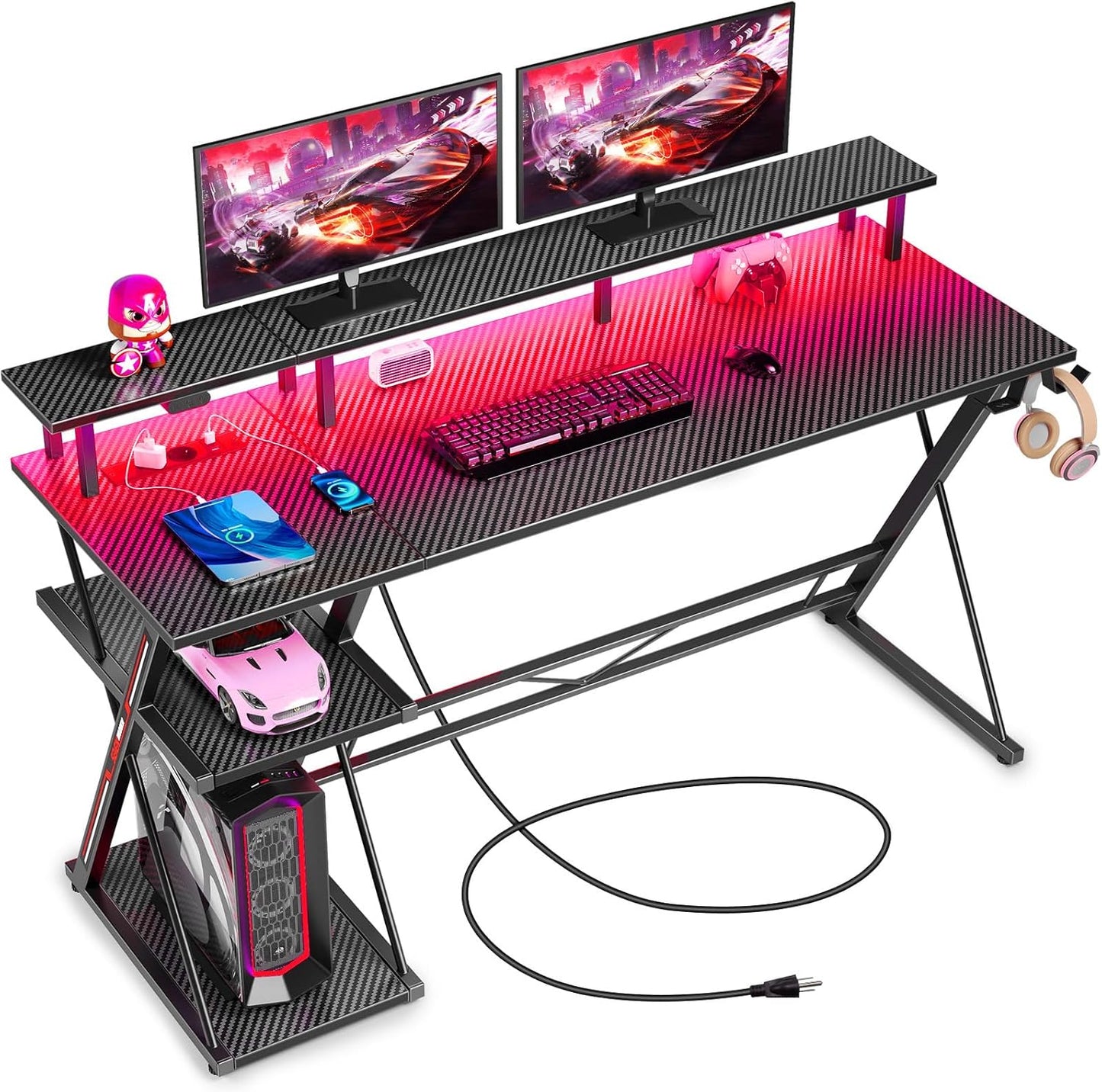 Bureau Gaming Seven Warrior – Grand Bureau 160 cm avec Éclairage LED RGB, Multiprise Intégrée, Support Casque & Gobelet – Plateau Carbone Style Moderne
