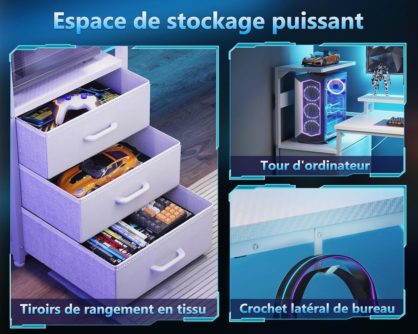 Bureau Gaming Coleshome Électrique – Éclairage LED RGB, Réversible avec Rangement et Support Écran – 140 cm – Style Moderne