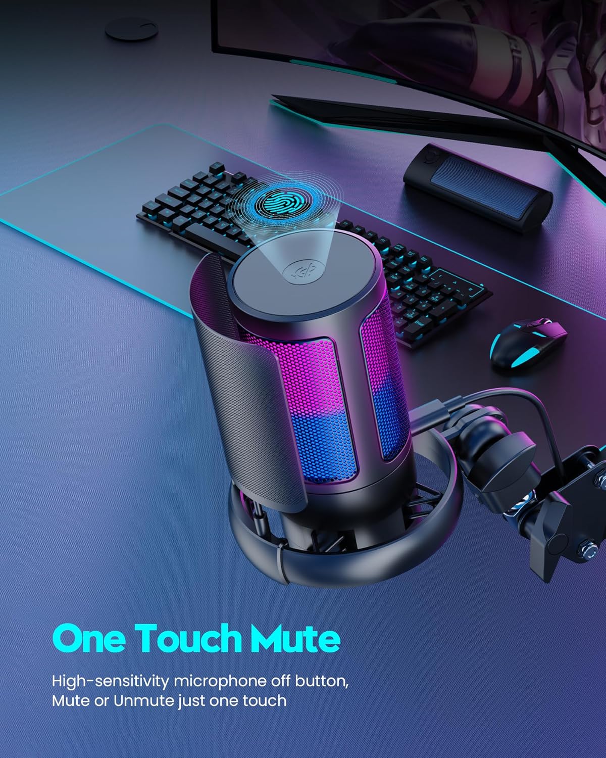 Microphone Gaming QIUOIO – USB Plug & Play avec Bras Articulé, Filtre Anti-Pop & Éclairage RGB – Idéal Streaming, Discord, YouTube, PC/PS5