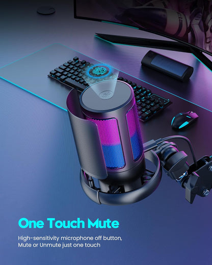 Microphone Gaming QIUOIO – USB Plug & Play avec Bras Articulé, Filtre Anti-Pop & Éclairage RGB – Idéal Streaming, Discord, YouTube, PC/PS5
