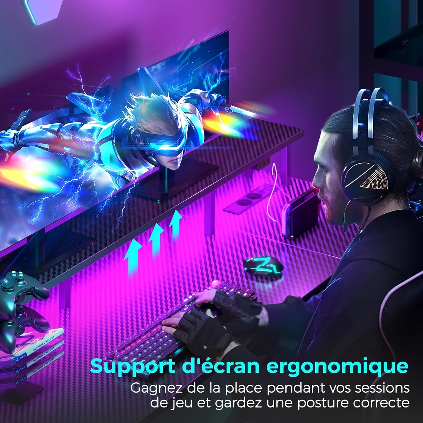 Bureau Gaming Seven Warrior – Grand Bureau 160 cm avec Éclairage LED RGB, Multiprise Intégrée, Support Casque & Gobelet – Plateau Carbone Style Moderne