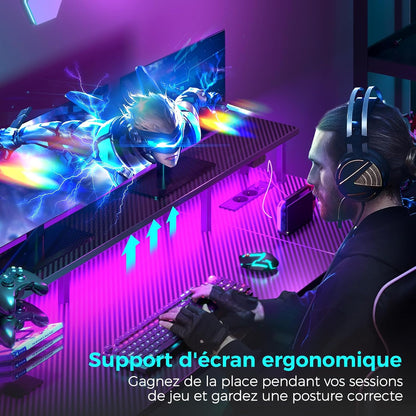 Bureau Gaming Seven Warrior – Grand Bureau 160 cm avec Éclairage LED RGB, Multiprise Intégrée, Support Casque & Gobelet – Plateau Carbone Style Moderne
