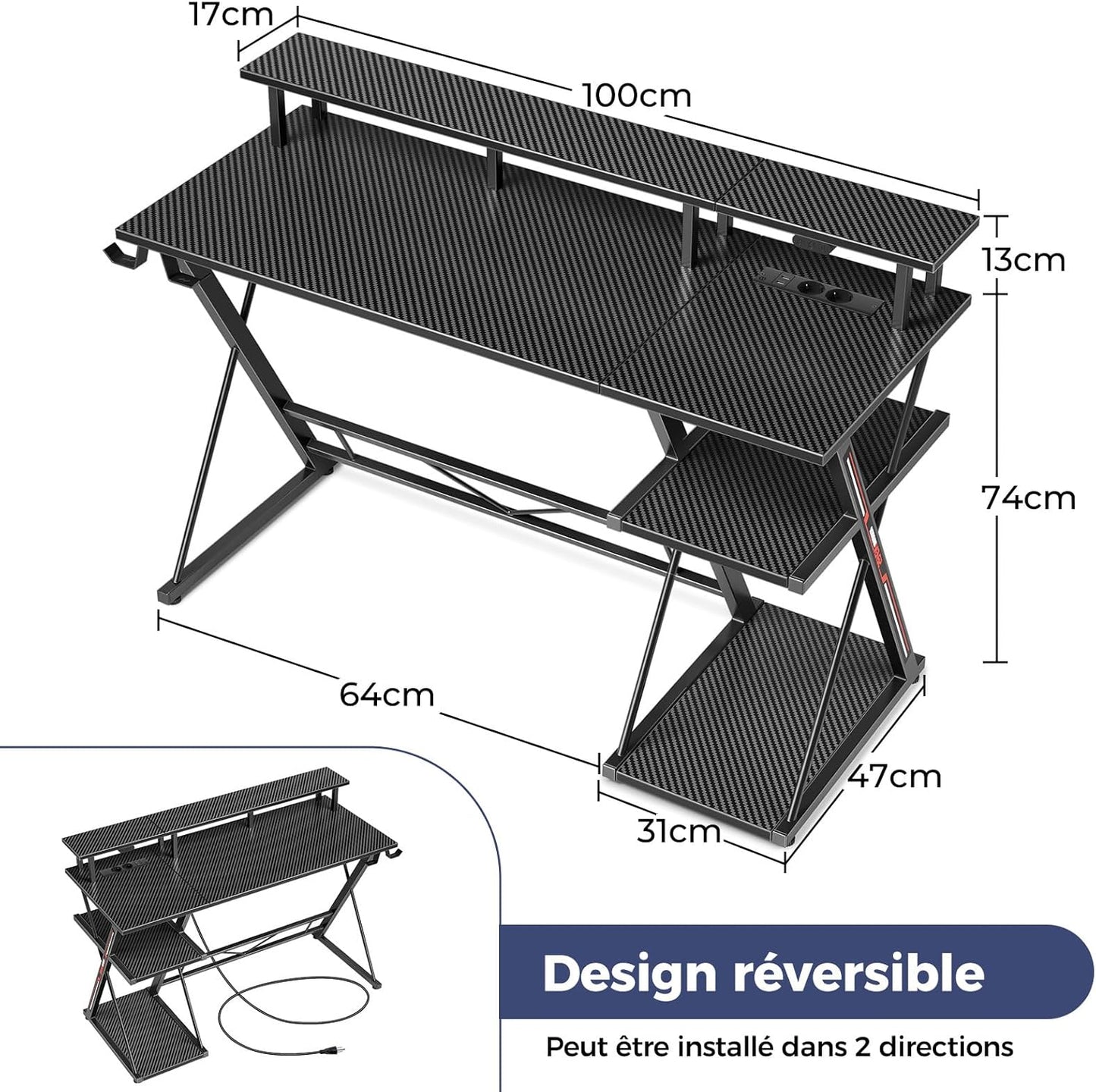 Bureau Gaming Seven Warrior – Grand Bureau 160 cm avec Éclairage LED RGB, Multiprise Intégrée, Support Casque & Gobelet – Plateau Carbone Style Moderne