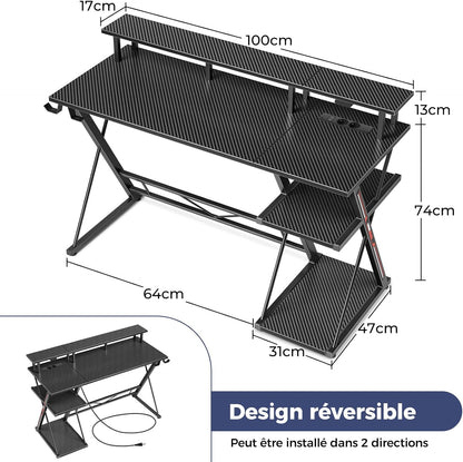 Bureau Gaming Seven Warrior – Grand Bureau 160 cm avec Éclairage LED RGB, Multiprise Intégrée, Support Casque & Gobelet – Plateau Carbone Style Moderne