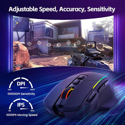 Souris Gaming RisoPhy Sans Fil – Bluetooth & 2.4 GHz – Rechargeable, 9 Boutons Programmables, RGB, Ergonomique, 10000 DPI
