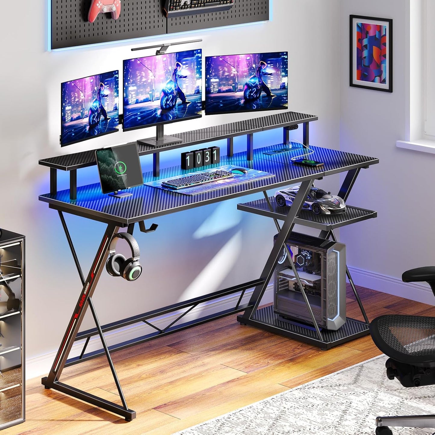 Bureau Gaming Seven Warrior – Grand Bureau 160 cm avec Éclairage LED RGB, Multiprise Intégrée, Support Casque & Gobelet – Plateau Carbone Style Moderne