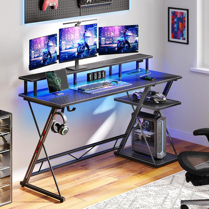 Bureau Gaming Seven Warrior – Grand Bureau 160 cm avec Éclairage LED RGB, Multiprise Intégrée, Support Casque & Gobelet – Plateau Carbone Style Moderne