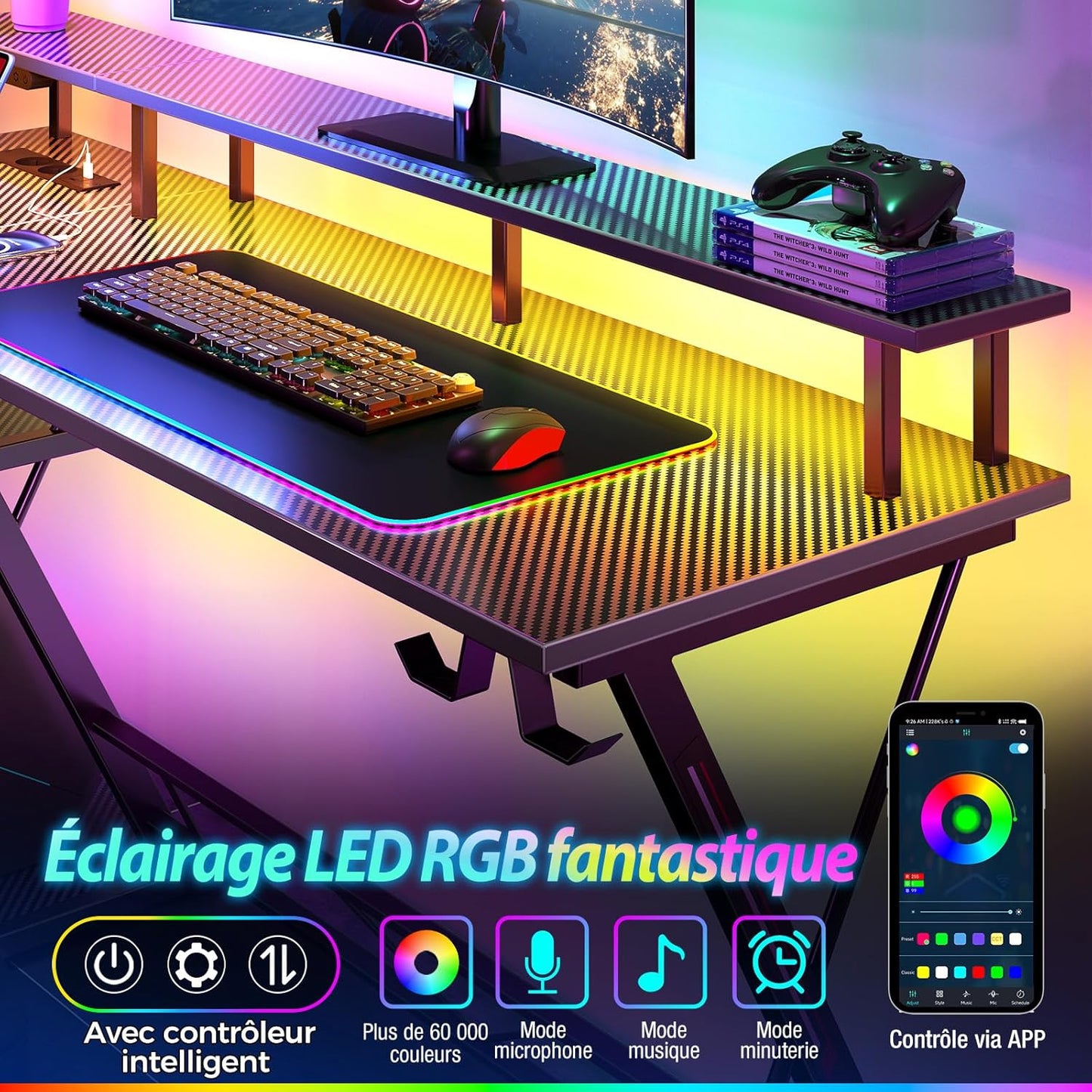 Bureau Gaming Seven Warrior – Grand Bureau 160 cm avec Éclairage LED RGB, Multiprise Intégrée, Support Casque & Gobelet – Plateau Carbone Style Moderne