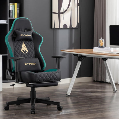 Chaise Gaming Symino – Ergonomique avec Repose-Pieds, Dossier Inclinable, Accoudoirs Ajustables, Cuir PU, Coussin Lombaire & Têtière