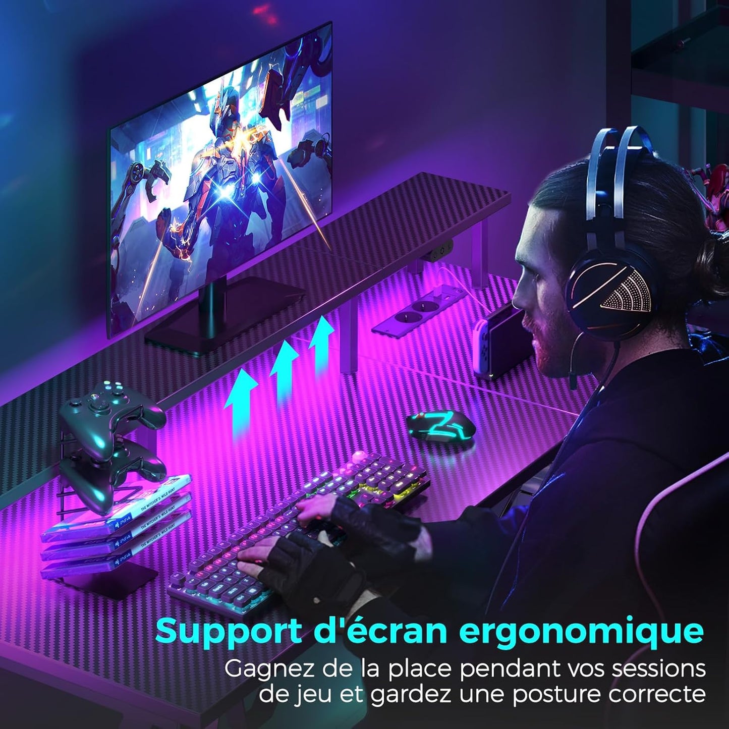 Bureau Gaming Seven Warrior – Grand Bureau 160 cm avec Éclairage LED RGB, Multiprise Intégrée, Support Casque & Gobelet – Plateau Carbone Style Moderne