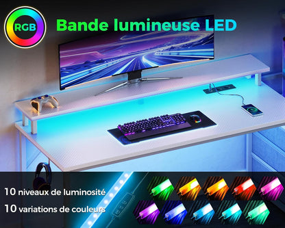 Bureau Gaming Coleshome Électrique – Éclairage LED RGB, Réversible avec Rangement et Support Écran – 140 cm – Style Moderne